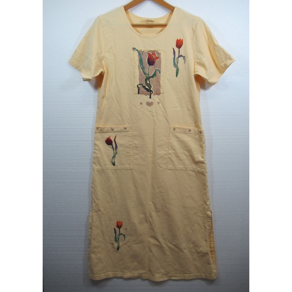 Vintage Cactus California Lagenlook Maxi Dress Women Small Yellow Pockets Tulips